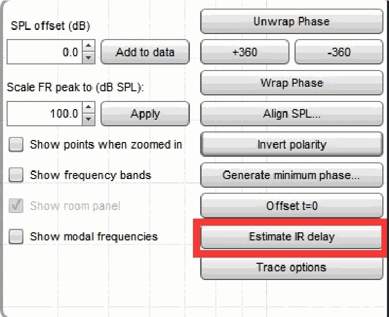 REW 软件 Estimate IR delay 按钮位置示意图